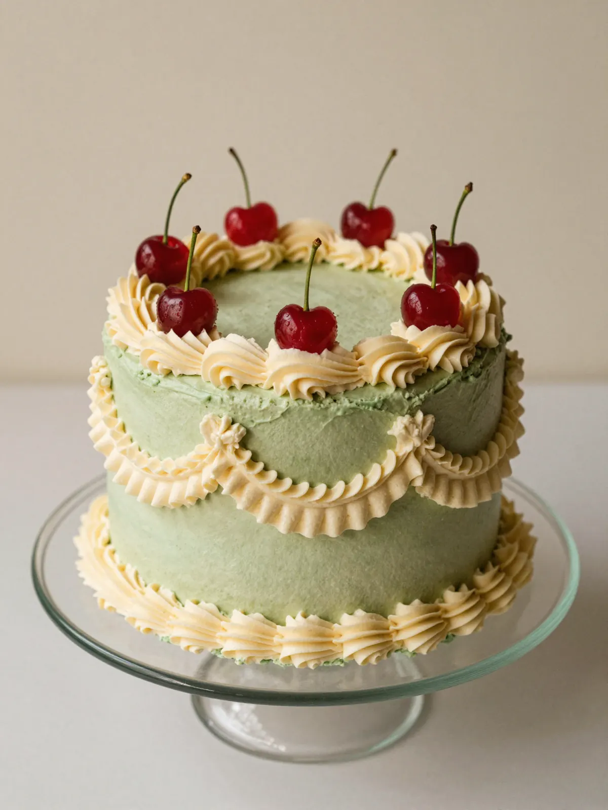 A pistachio and cream Lambeth-piped cake with cherries