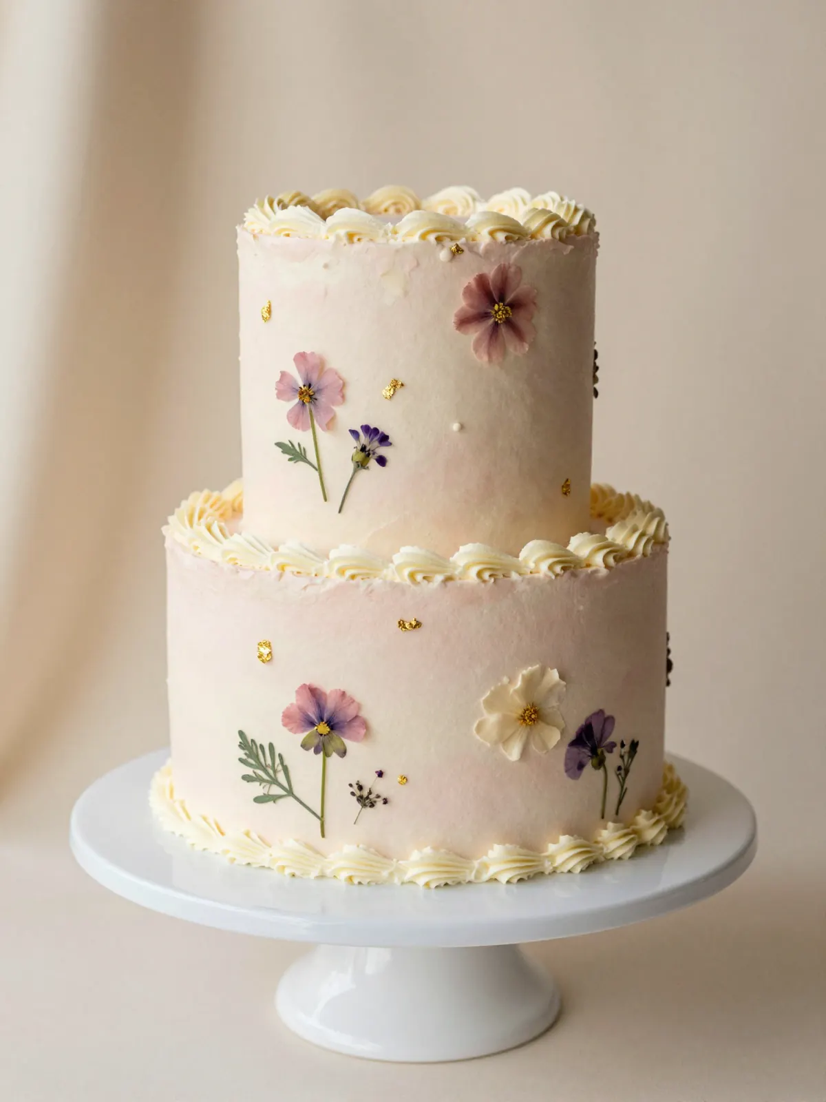 A two-tier blush and cream buttercream cake with pressed flowers