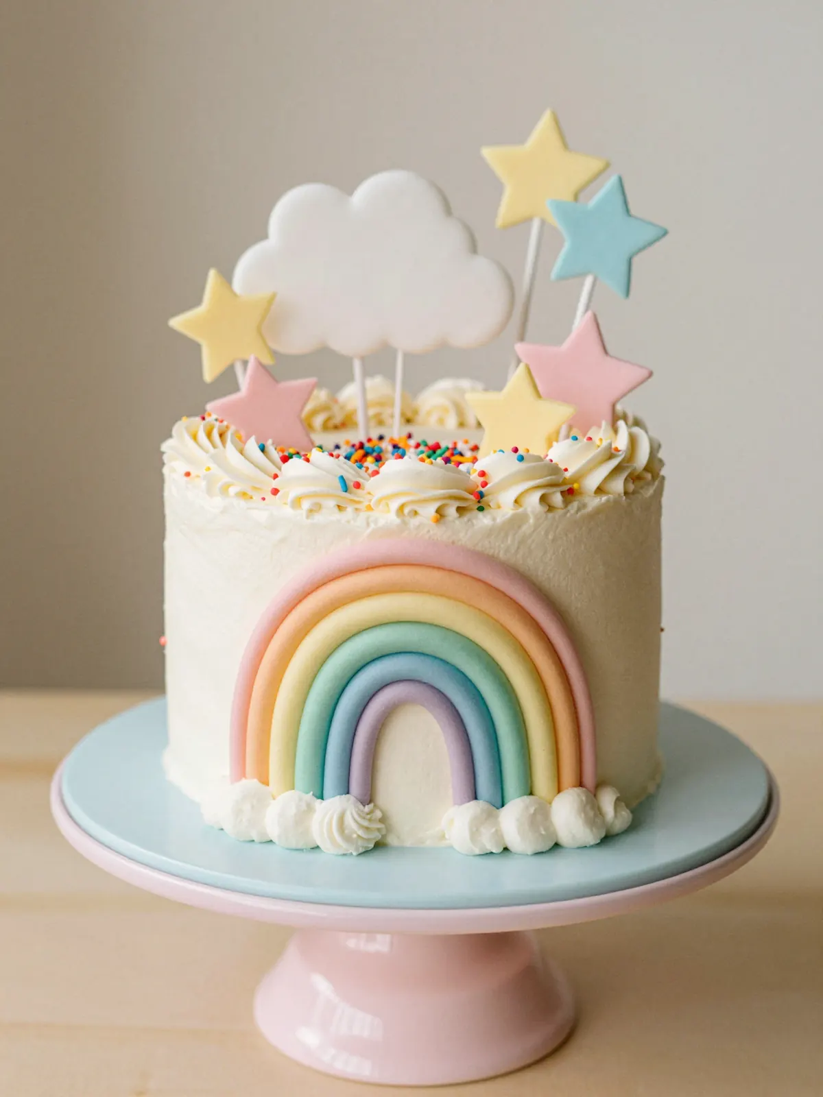 A pastel rainbow birthday cake with a fondant cloud and stars