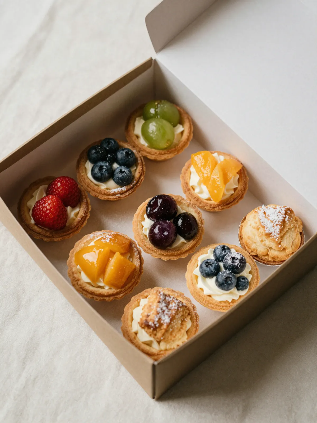 A box of mini fruit tarts and cream puffs